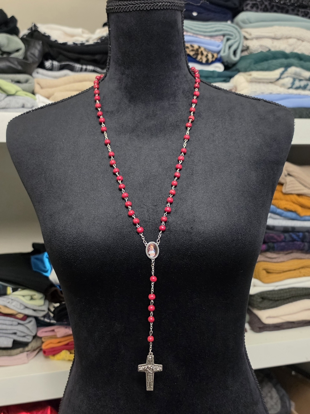Red Beaded Rosary-Style Necklace with Cross Pendant